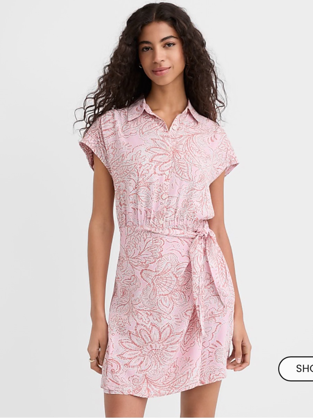 LOFT Pink Paisley Tie-Waist Shirt Dress